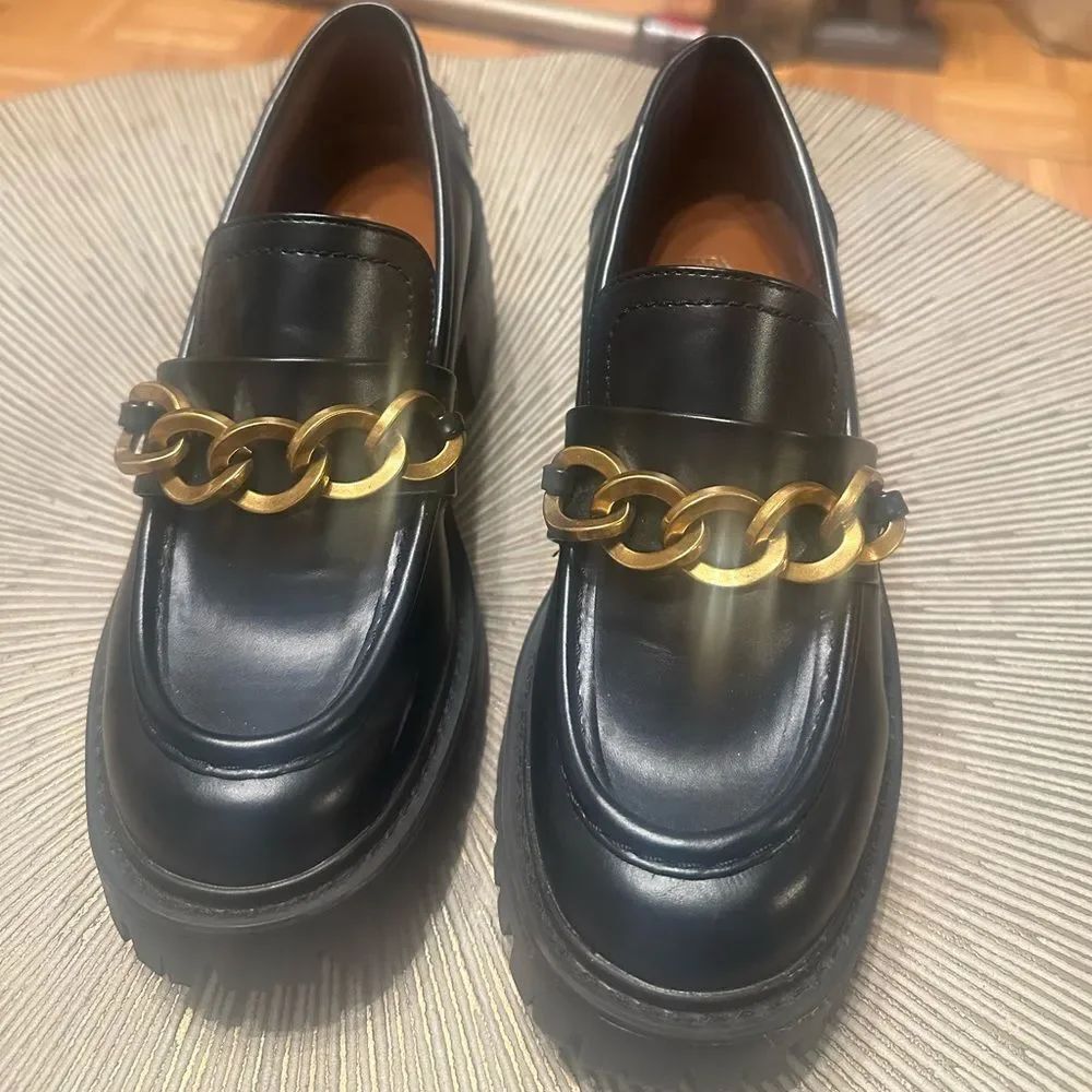 Rare- Black Zara platform Loafers with Gold Chain Detail
